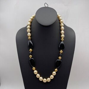 Vintage Napier Faux Baroque Pearl, Black, and Gold Tone Beaded Necklace ~ Signed